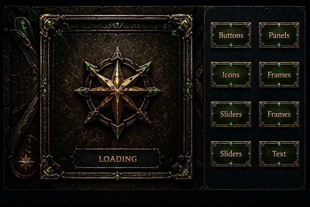 Dark fantasy loading screen with a component category panel