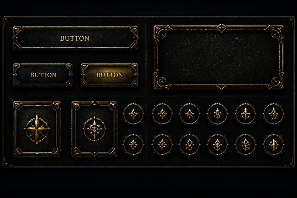 Exported UI kit sheet with buttons, frames, and icon set