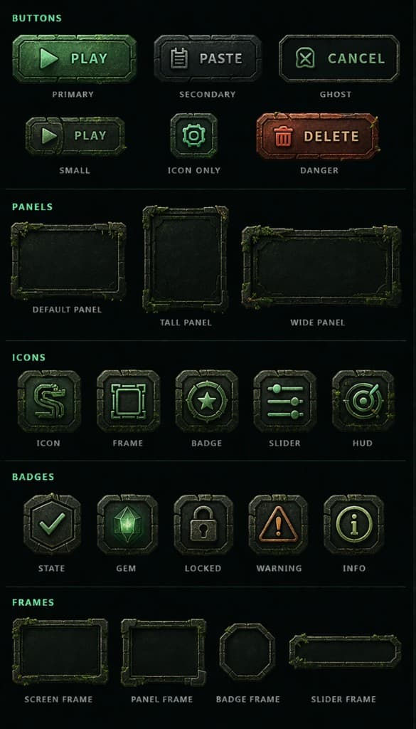 UI kit sheet with buttons, panels, icons, badges, and frames