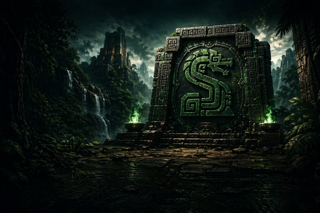 Atmospheric jungle temple with a glowing green serpent monolith - SliceForge