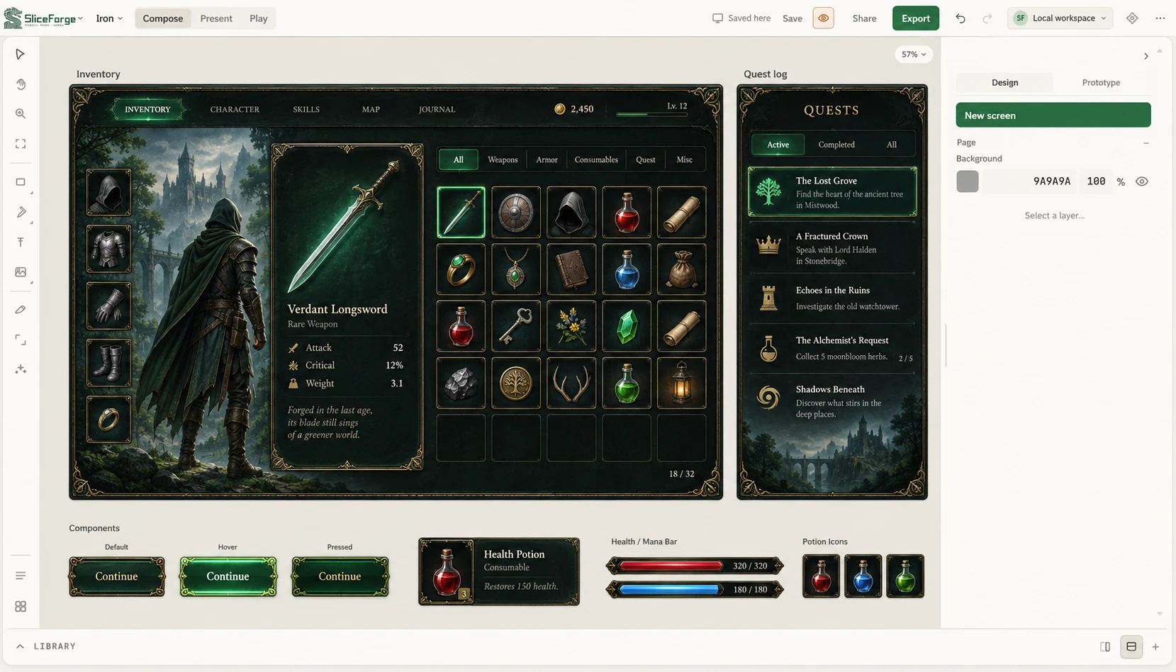Light-theme Compose workspace concept with fantasy inventory art, a quest log, and reusable UI components