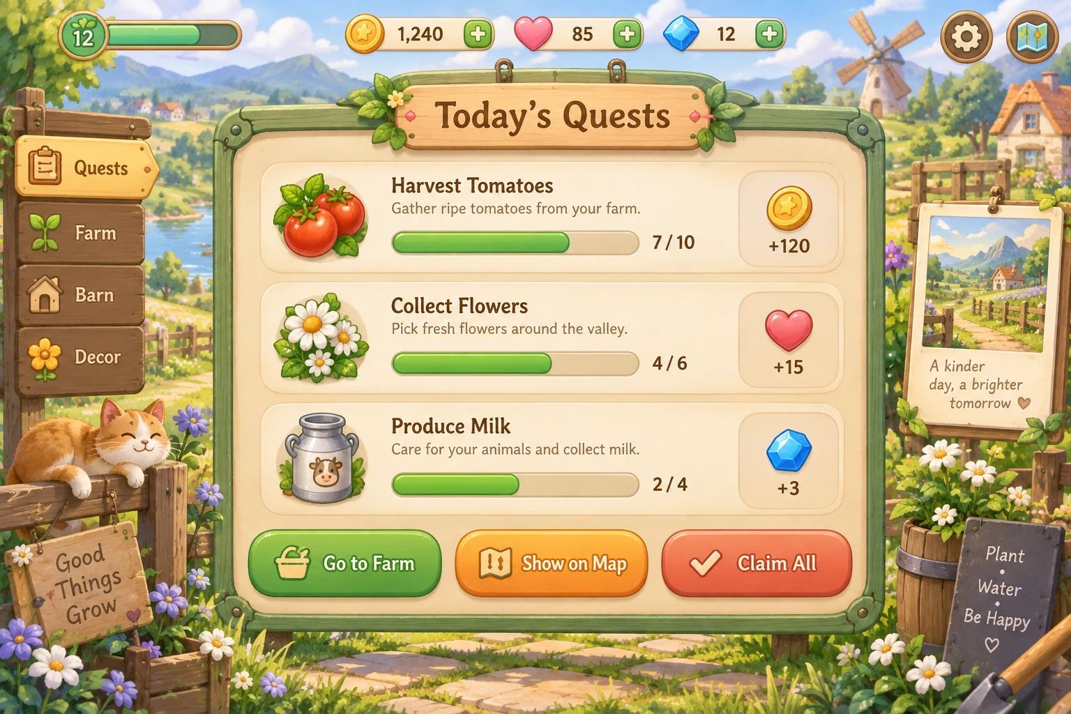 Cozy farming game quest board concept with cream panels, green progress bars, fruit rewards, and a sunny village