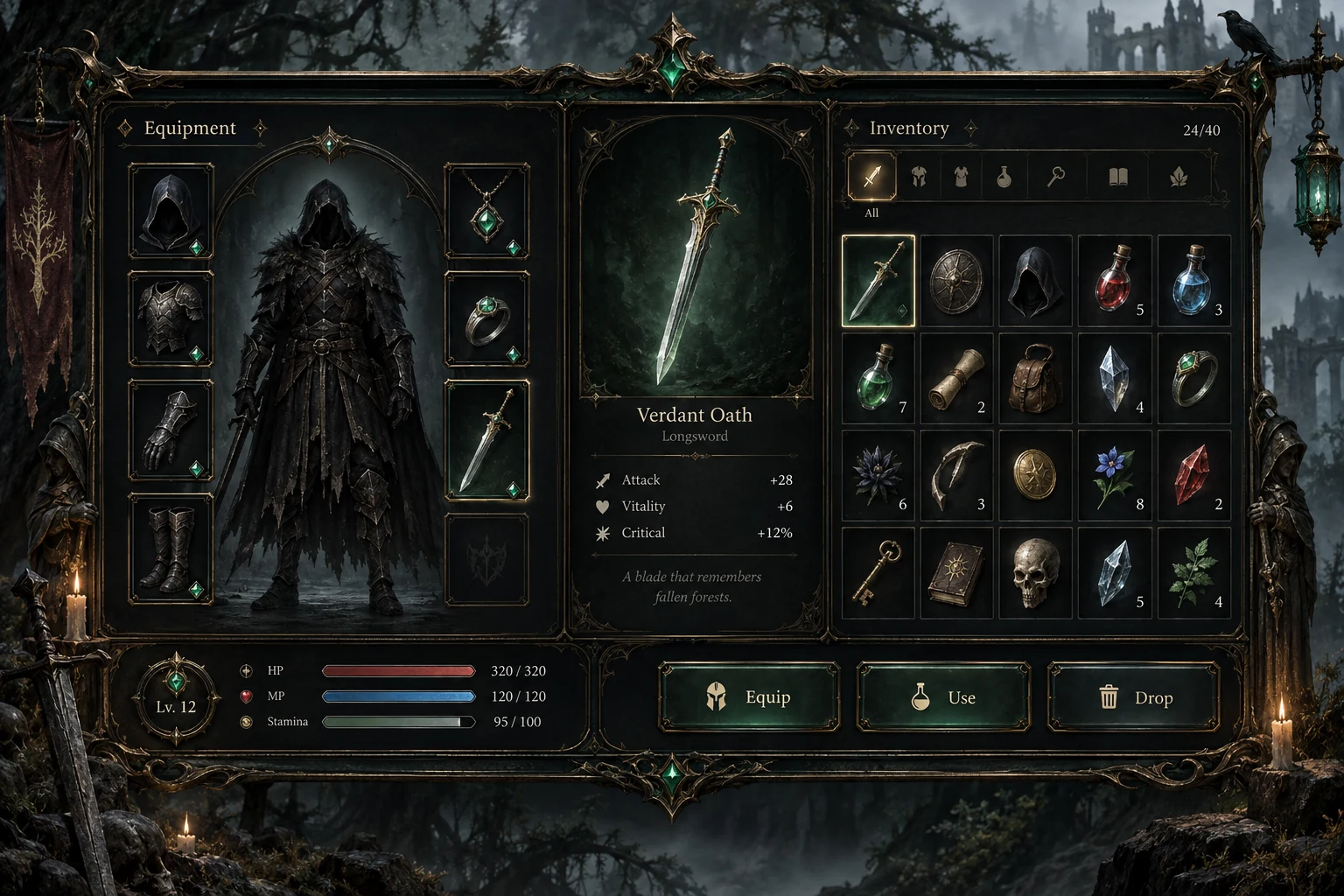 Dark fantasy inventory concept with gold-edged panels, equipment slots, a jade sword, and potion icons