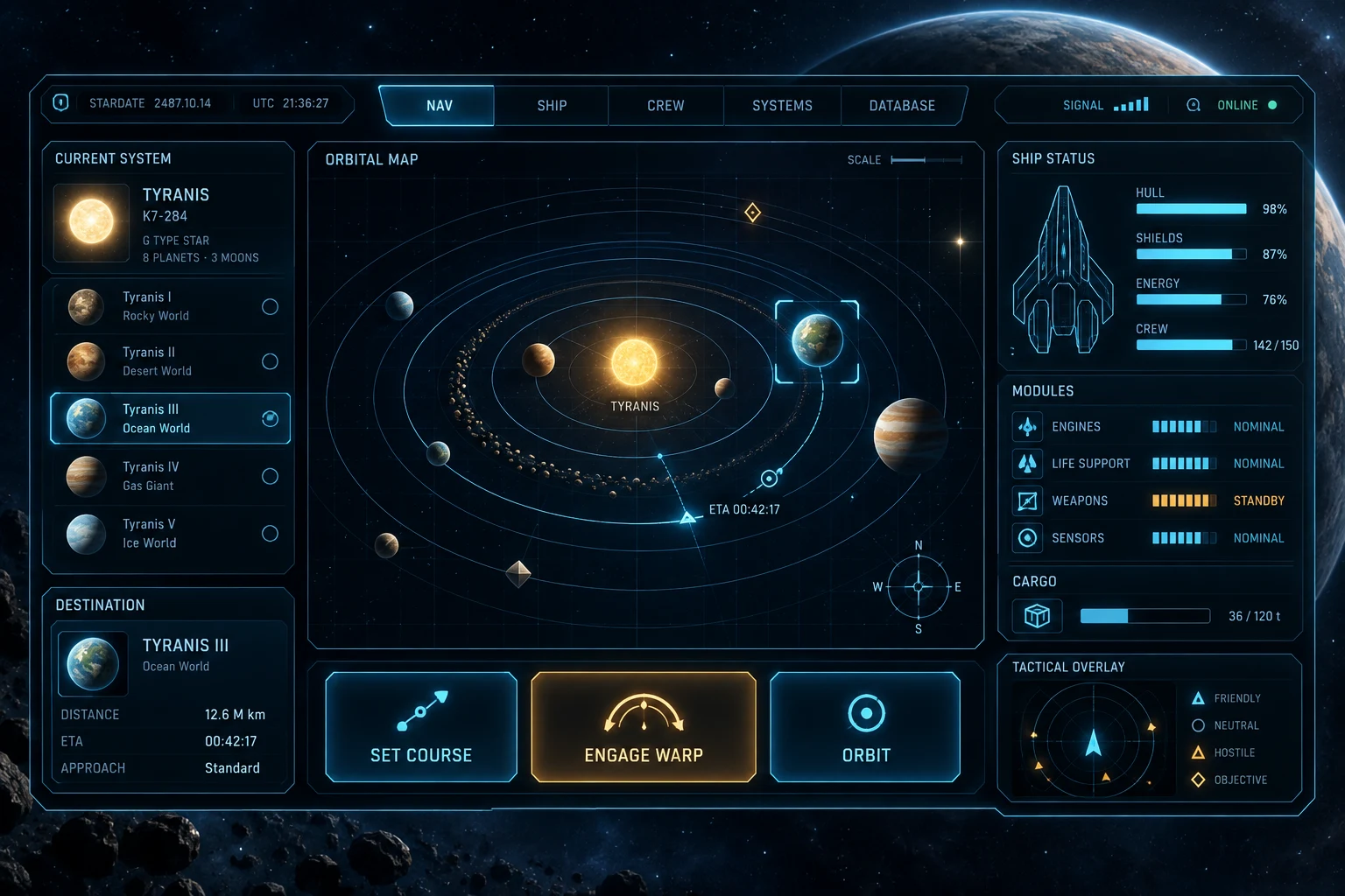 Science fiction command interface concept with a planetary map, cyan ship readouts, and navigation controls