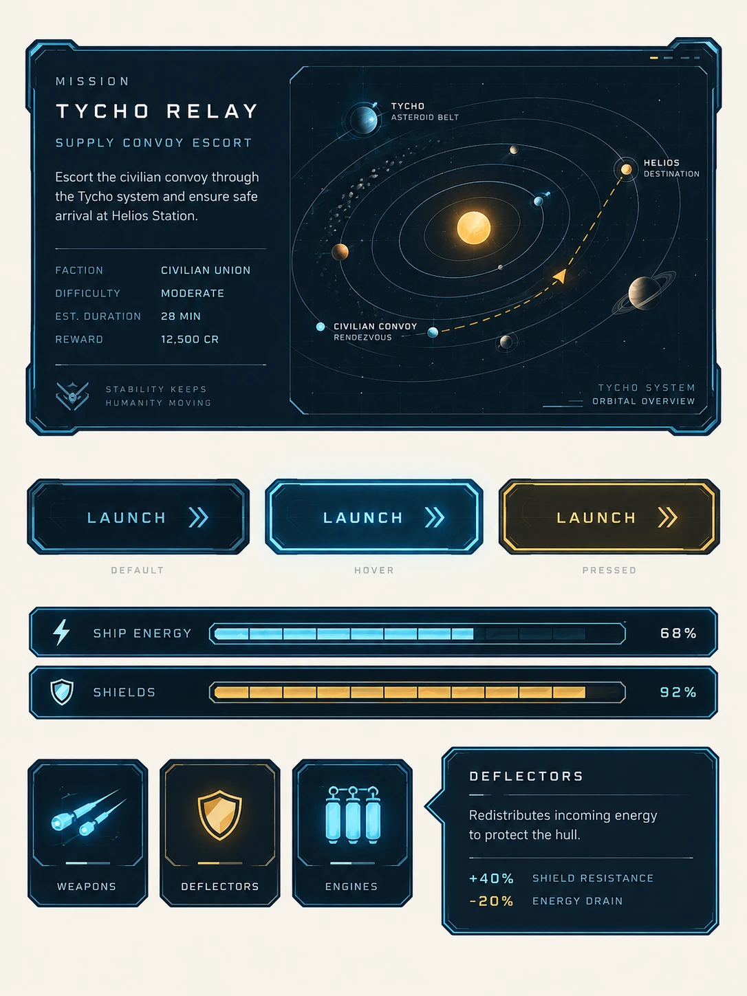 Sci-fi component concept sheet with a mission panel, three launch button states, energy bars, icons, and a tooltip