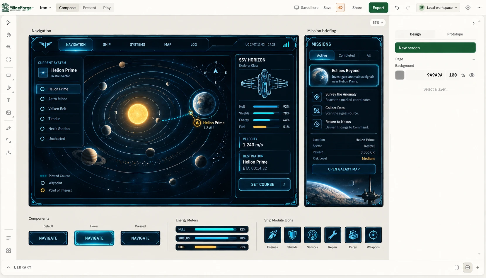 Light-theme Compose workspace concept with a sci-fi navigation screen, mission panel, and reusable controls