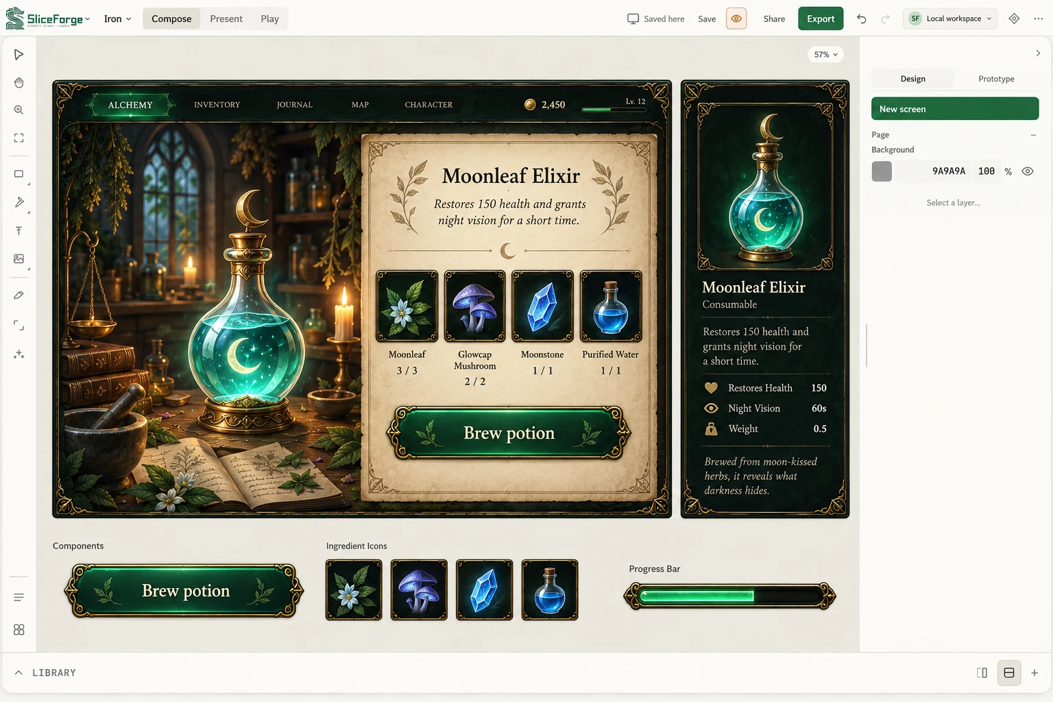 Light-theme Compose concept showing an alchemy crafting screen, potion card, and separated ingredient controls