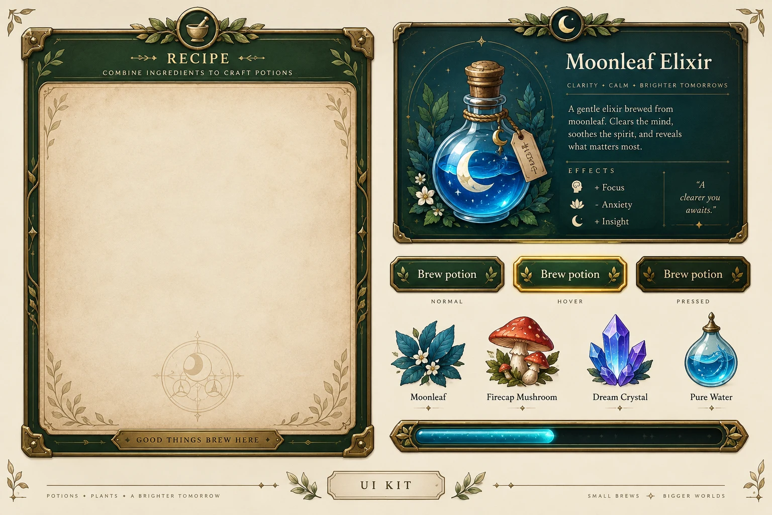 Alchemy UI kit concept with a parchment panel, potion card, three button states, ingredient icons, and progress bar