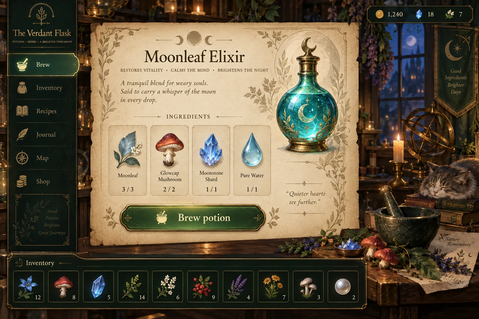 Alchemy game reference concept with a parchment recipe panel, teal Moonleaf Elixir bottle, and ingredient slots